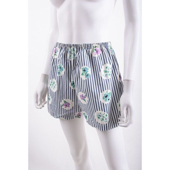 Vintage Womens PJ Pajama Shirt & Shorts Set M Blue White Striped Floral - Picture 11 of 13